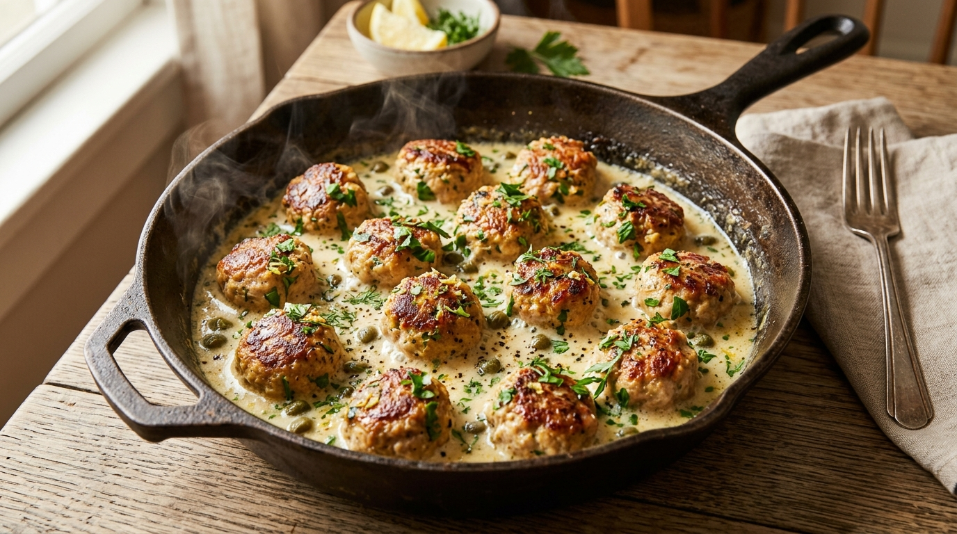 Golden lemon herb turkey meatballs in a creamy lemon butter sauce with capers and fresh herbs in a cast iron skillet