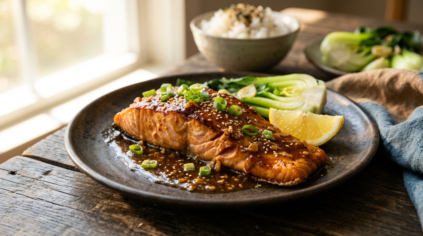 Miso butter salmon with flaky salmon glazed in rich miso butter sauce