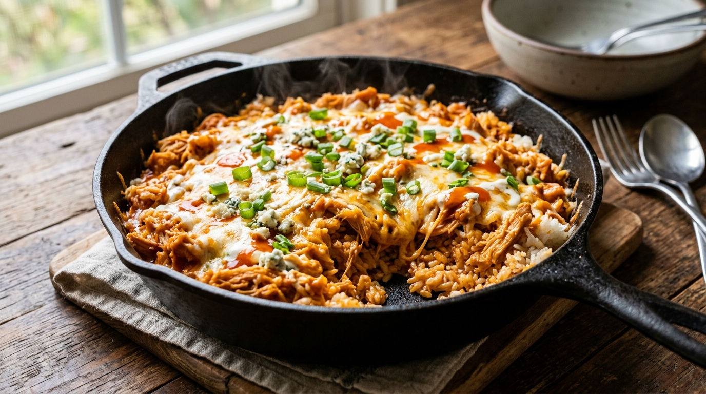 Overhead shot of buffalo chicken rice in a black cast iron skillet, fluffy