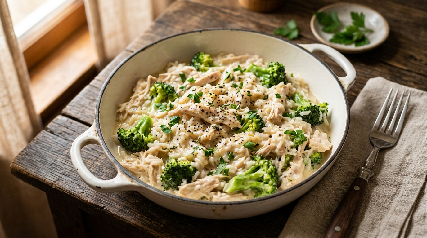 Overhead shot of creamy chicken and rice with broccoli in a white enamel