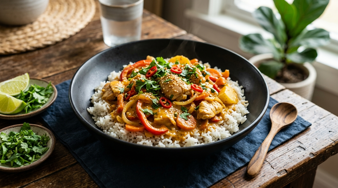 Overhead view of creamy coconut curry chicken and rice in a large black