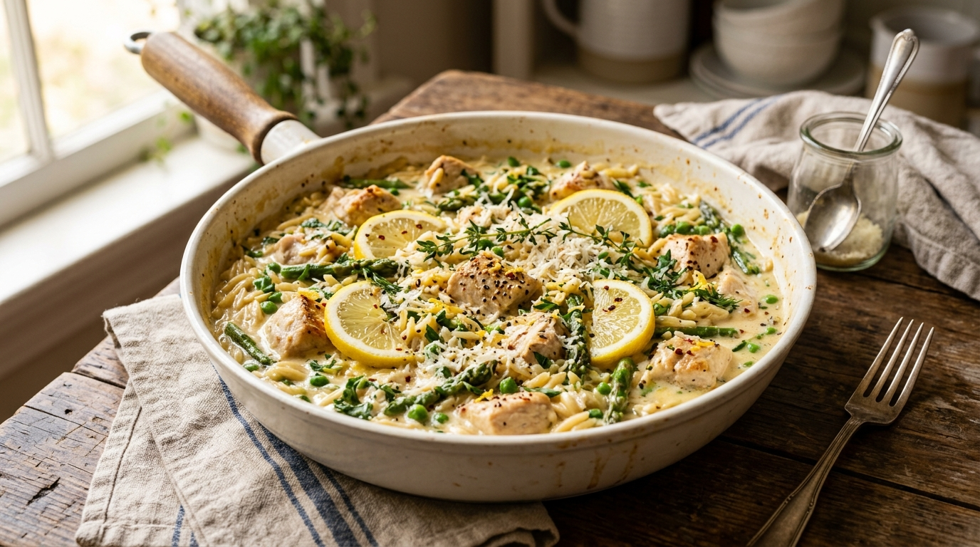 Overhead view of creamy lemon chicken orzo in a large white ceramic skillet,