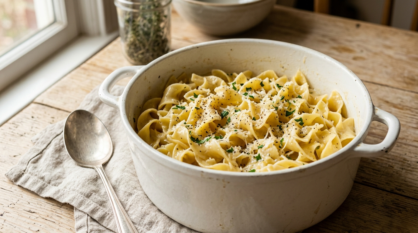 Buttered egg noodles with parmesan in a white pot, soft wide noodles coated