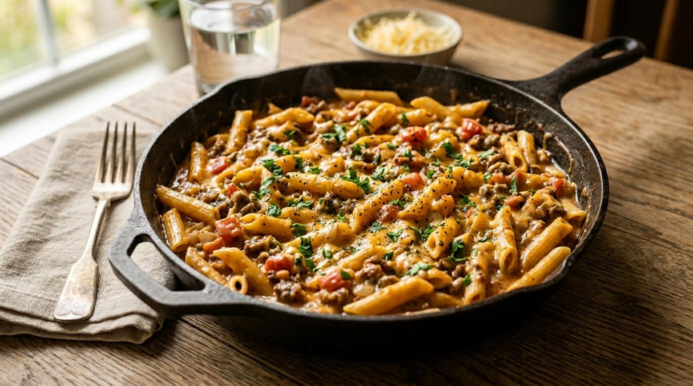 20 Minute One Pot Cheeseburger Pasta the Dinner That Beats the Drive Thru in a skillet on a rustic wooden table, natural daylight