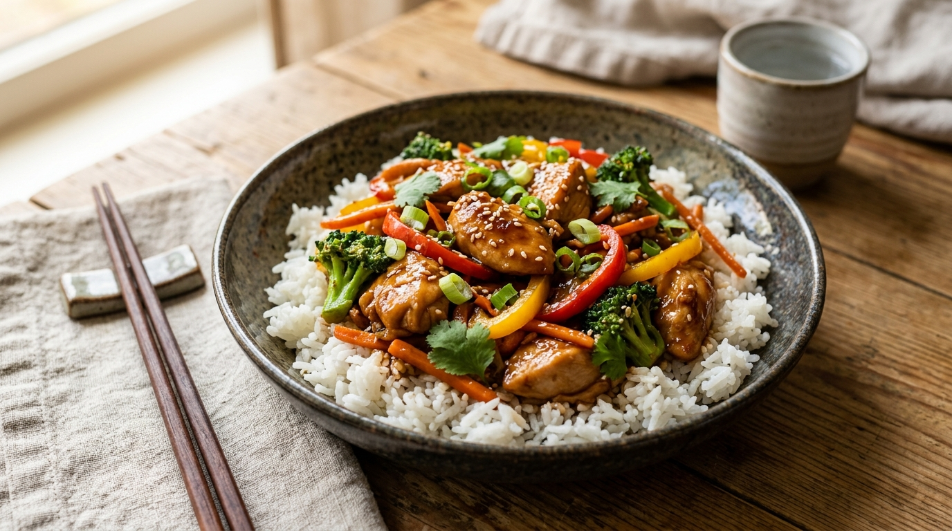 Teriyaki chicken stir-fry with tender chicken, broccoli, bell peppers, and carrots in a glossy teriyaki sauce, served over rice