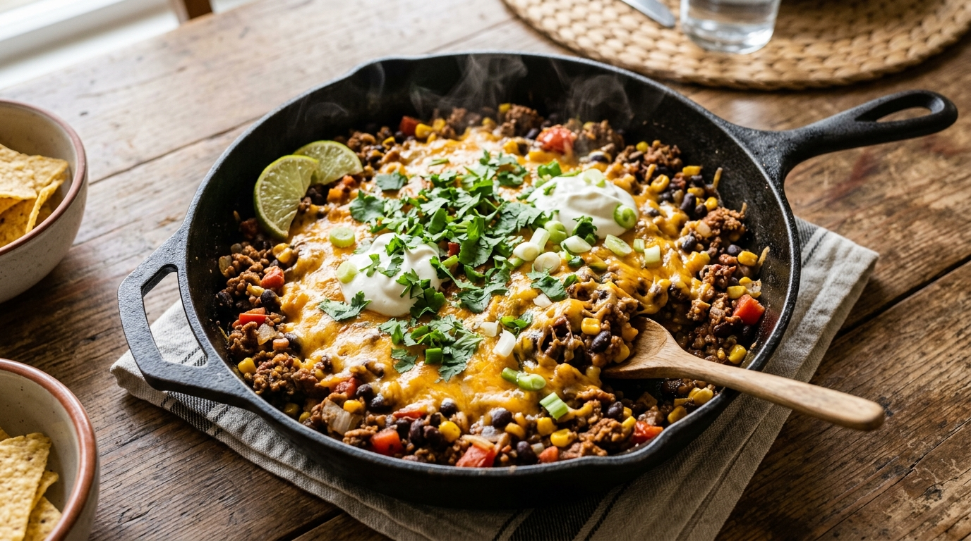 Ground turkey taco skillet with black beans, corn, cheddar cheese, and fresh cilantro in a cast iron pan