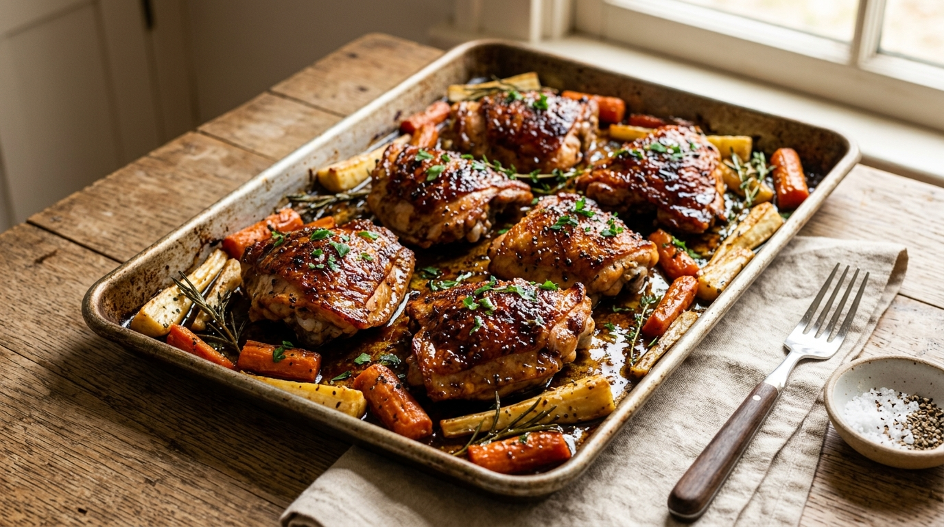 Brown sugar chicken thighs with crispy golden chicken in a sticky brown sugar glaze on a sheet pan, warm natural light