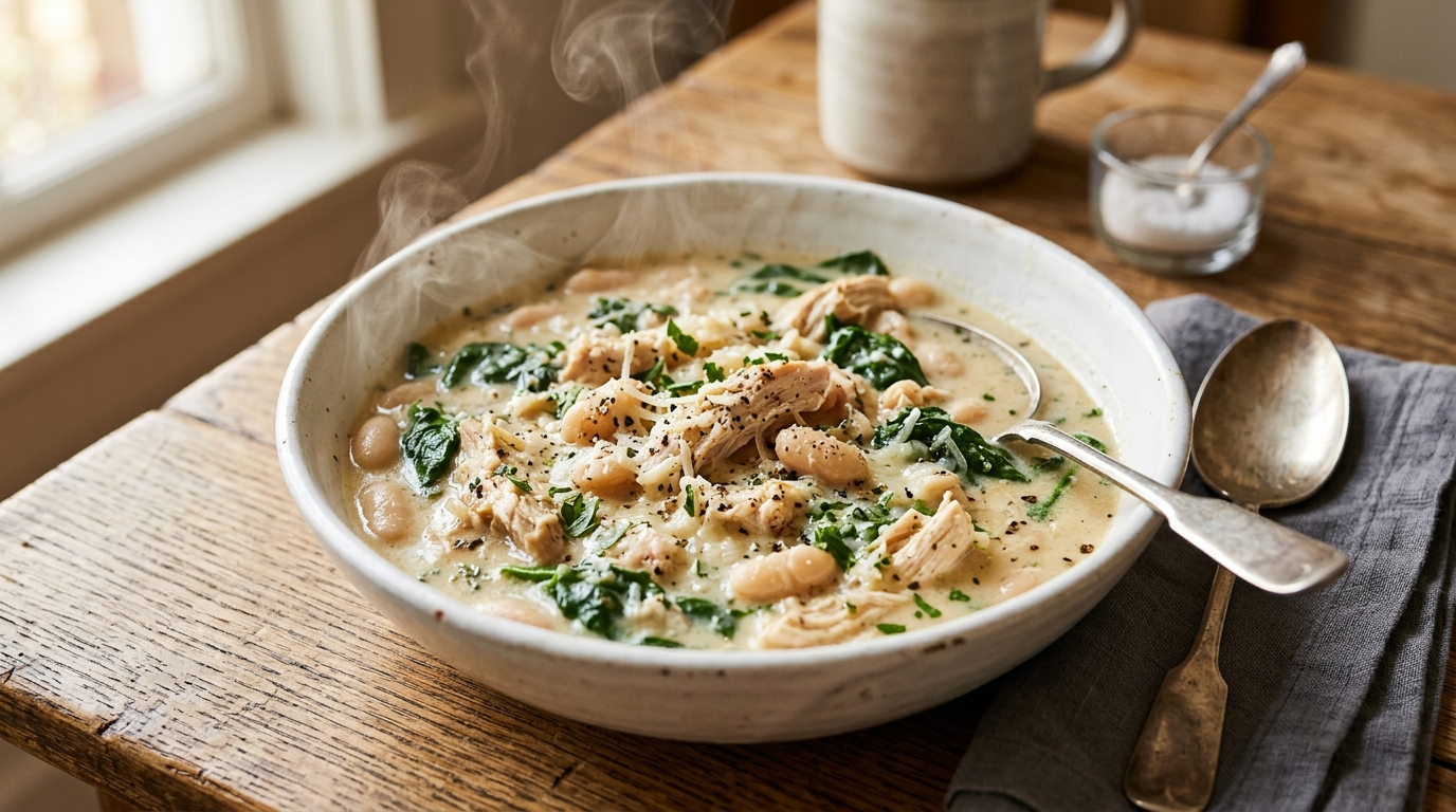 Creamy chicken white bean soup in a rustic white bowl with tender chicken, white beans, spinach, parmesan, and crusty bread on the side