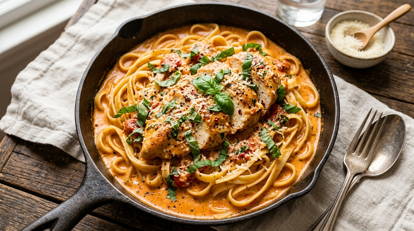 Creamy tomato basil chicken with tender chicken breasts in a rich creamy tomato sauce with fresh basil, served over pasta in a cast iron skillet
