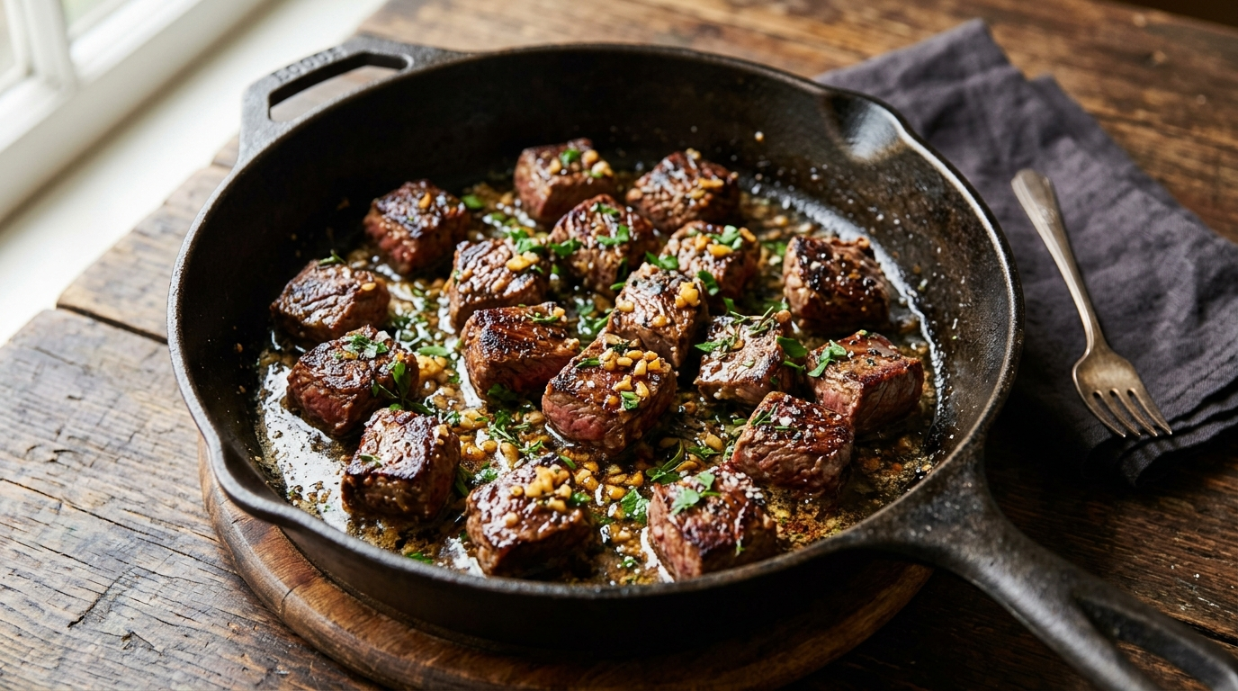 Garlic butter steak bites with tender seared steak pieces in a rich garlic butter sauce in a cast iron skillet, steam rising, warm natural light