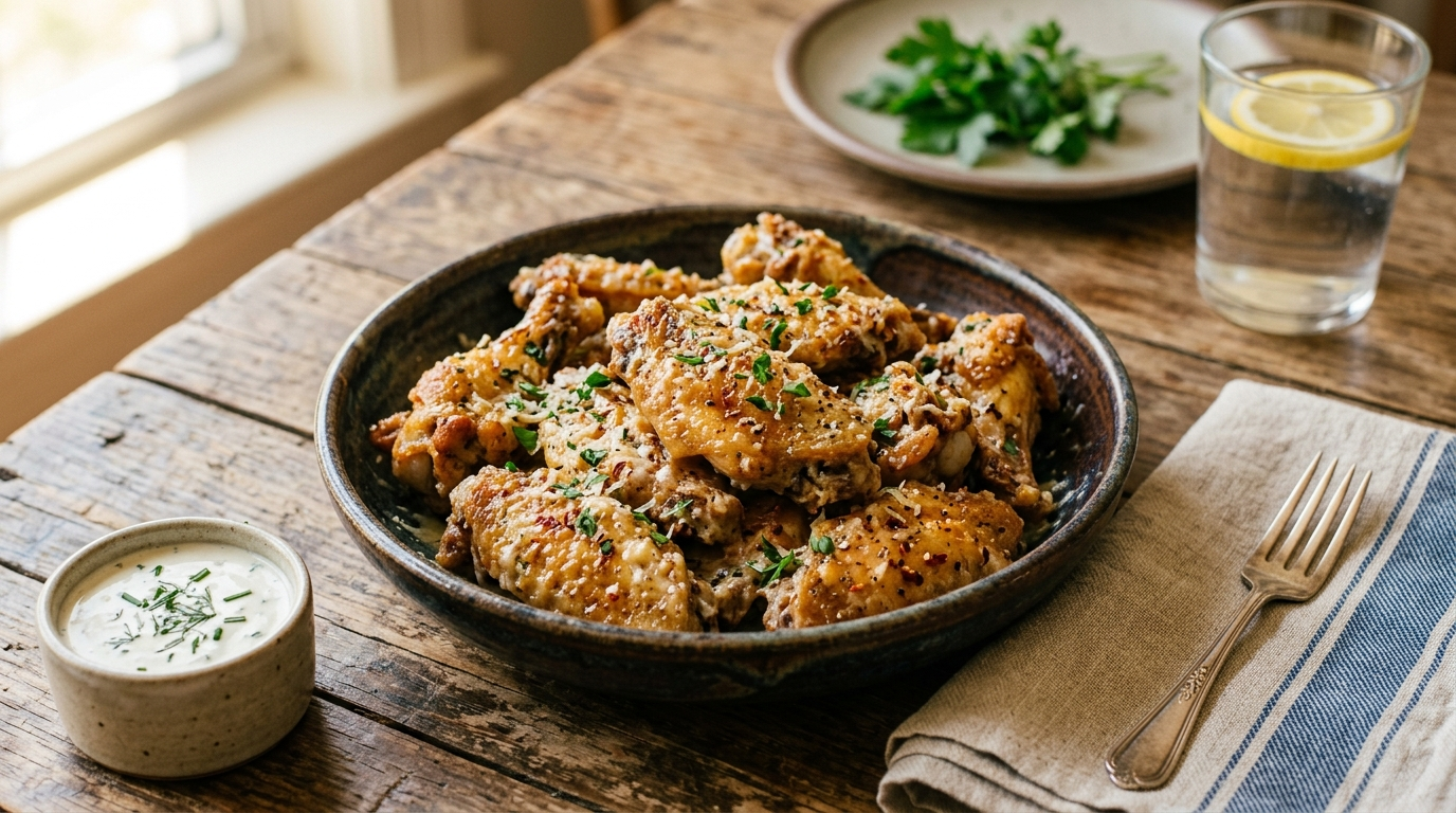 Garlic parmesan chicken wings with crispy baked wings coated in garlic parmesan sauce