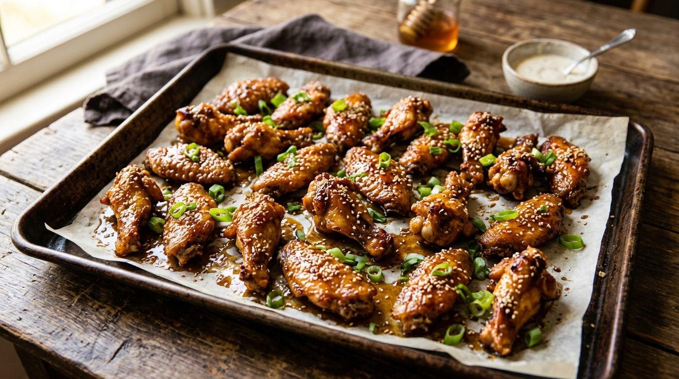 Honey garlic chicken wings with sticky glaze on a sheet pan, golden brown and crispy, sesame seeds and green onions