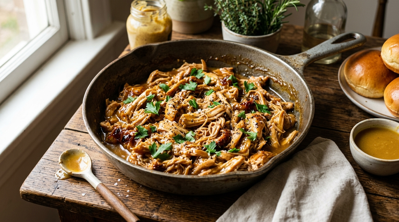 Honey mustard pulled chicken with tender shredded chicken in a sweet and tangy honey mustard sauce in a cast iron skillet