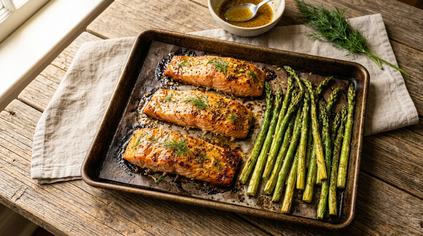 Honey mustard salmon and asparagus with flaky salmon and crisp asparagus on a sheet pan, warm natural light