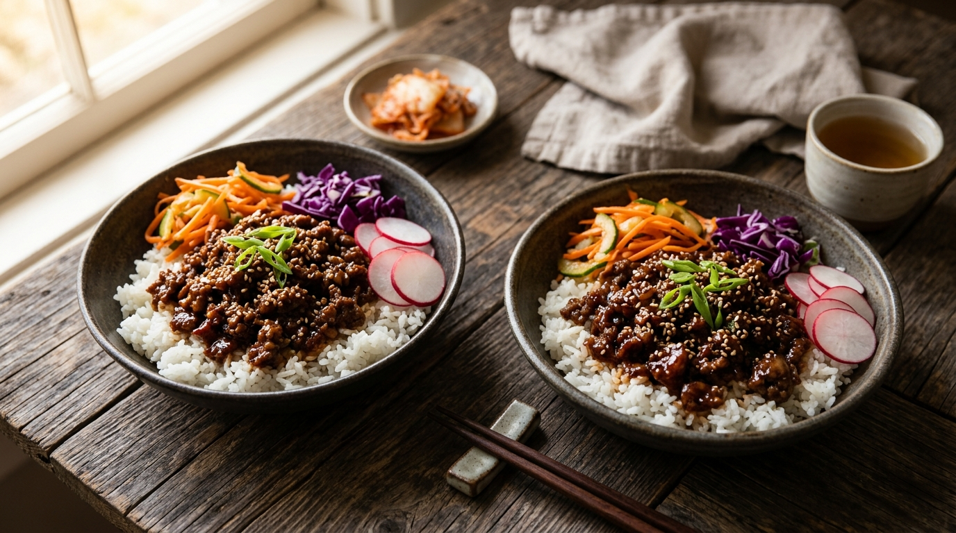 Korean beef bowls with ground beef in sticky gochujang glaze over rice with pickled vegetables