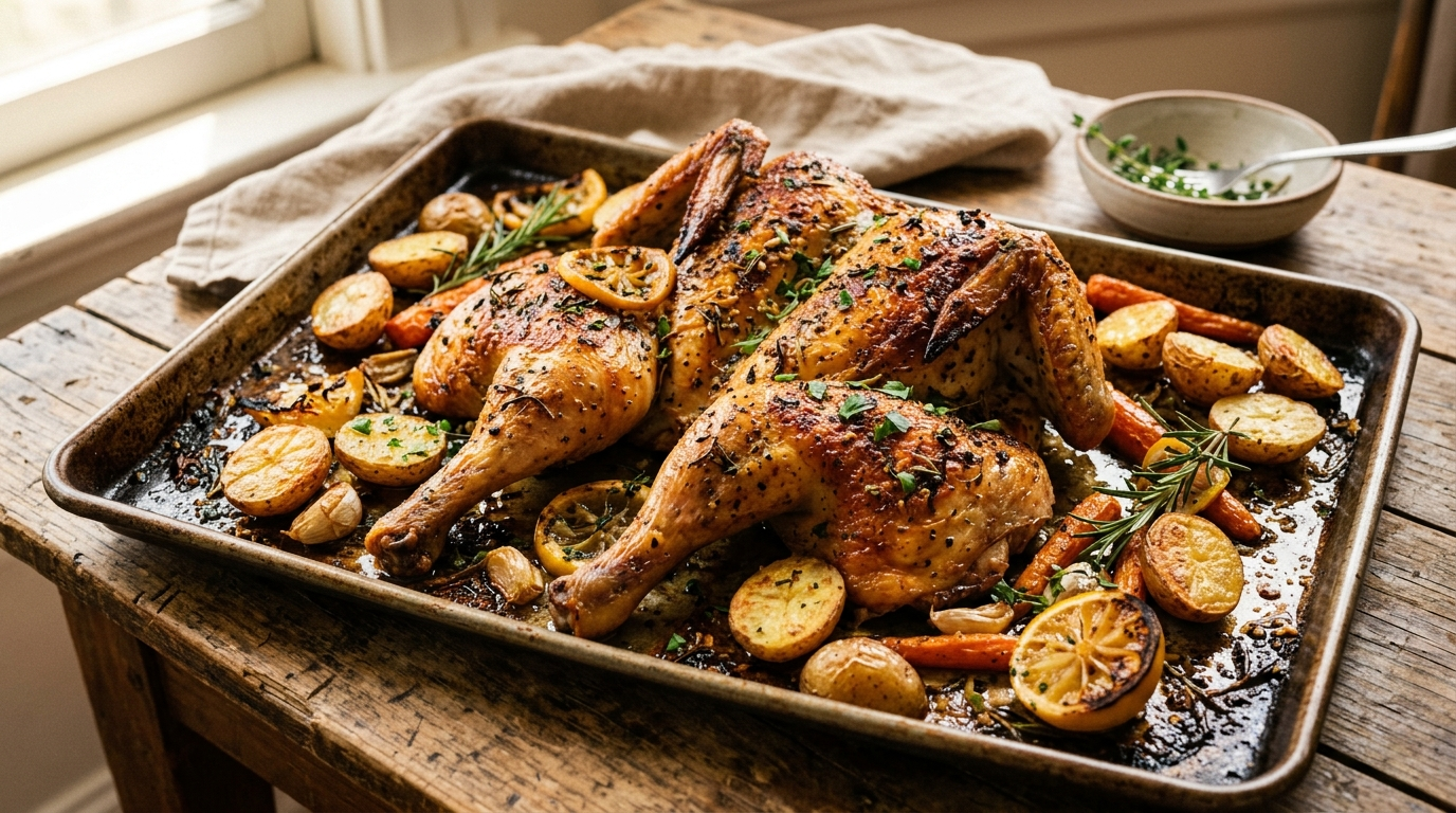 Lemon herb roasted chicken with crispy golden skin and juicy meat on a sheet pan with roasted lemon slices and fresh herbs