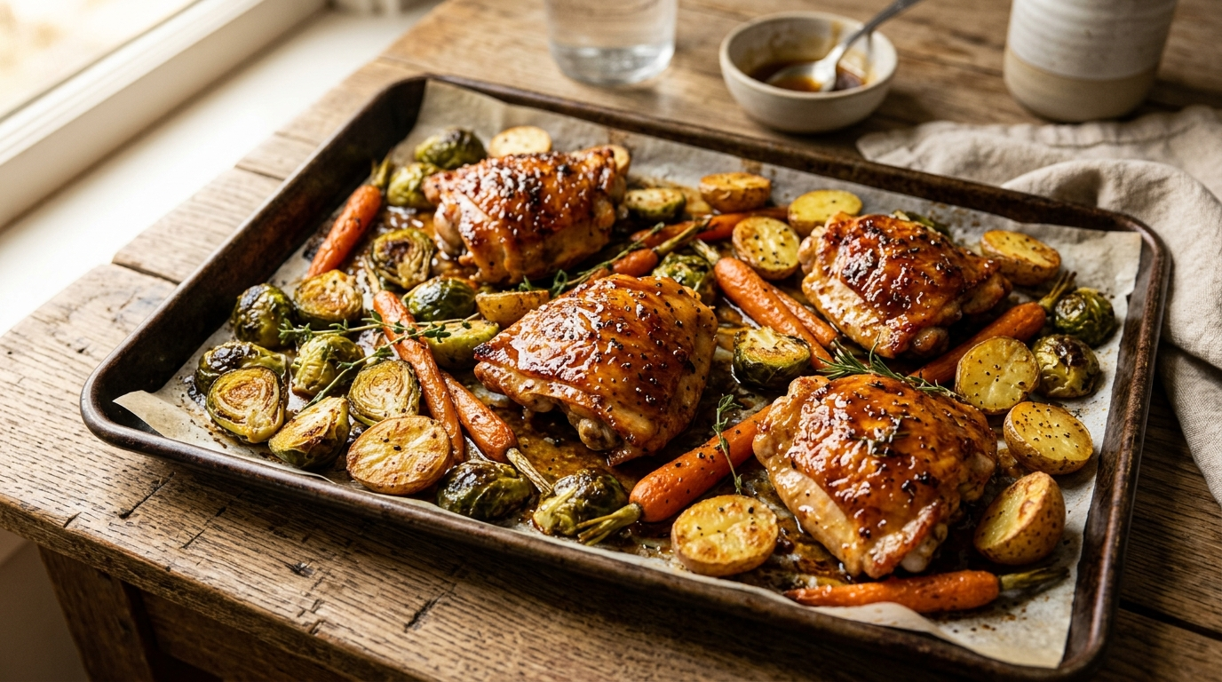 Maple glazed chicken and vegetables with golden chicken thighs, roasted carrots, potatoes, and Brussels sprouts on a sheet pan, sticky maple glaze, warm natural light