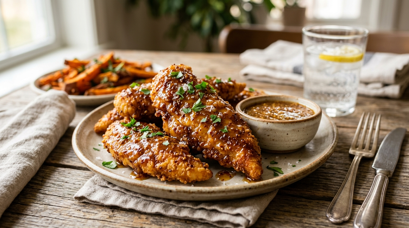 Maple mustard chicken tenders with crispy baked chicken in a sticky maple mustard glaze on a sheet pan