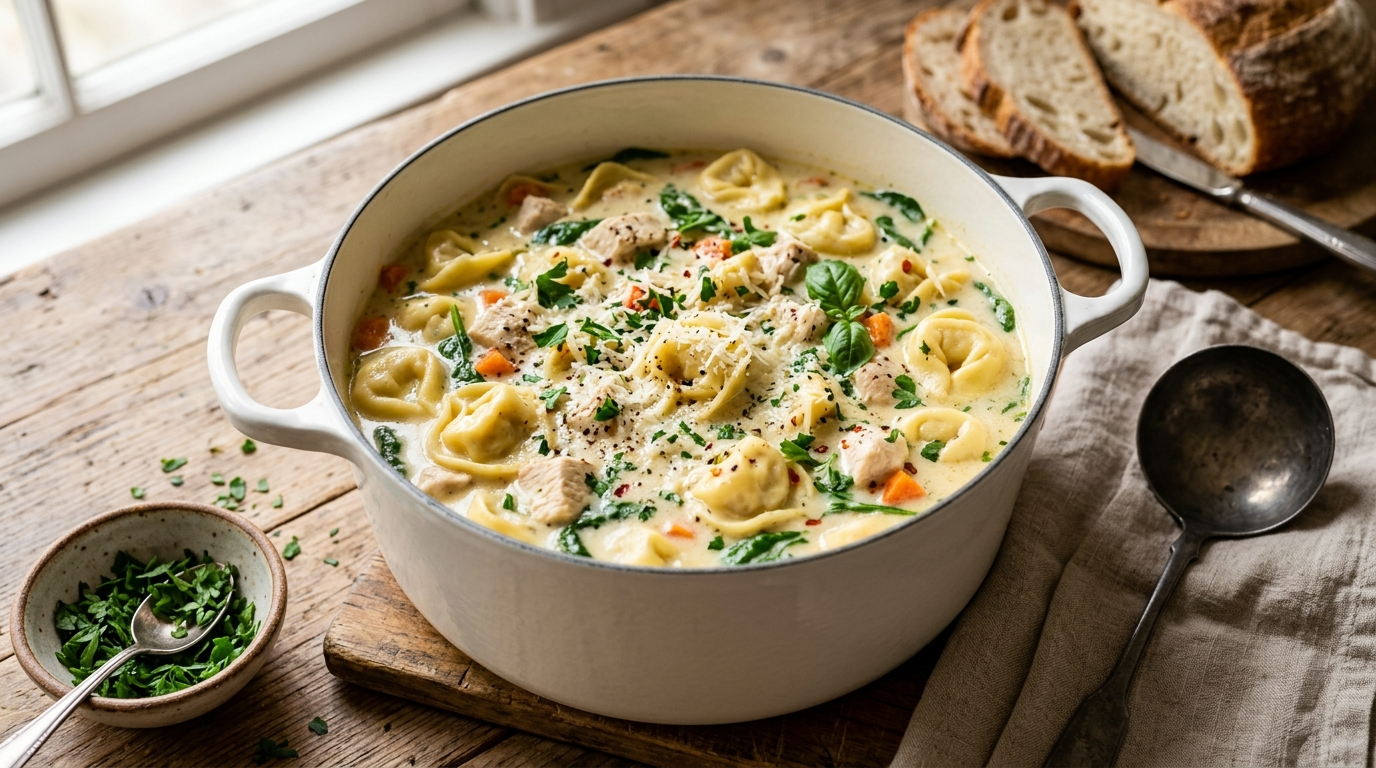 Overhead view of creamy tortellini soup in a large white Dutch oven, cheese-filled
