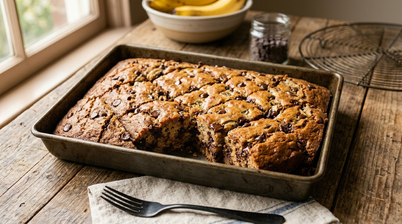 Golden chocolate chip banana bread baked in a 9x13 pan, cut into squares
