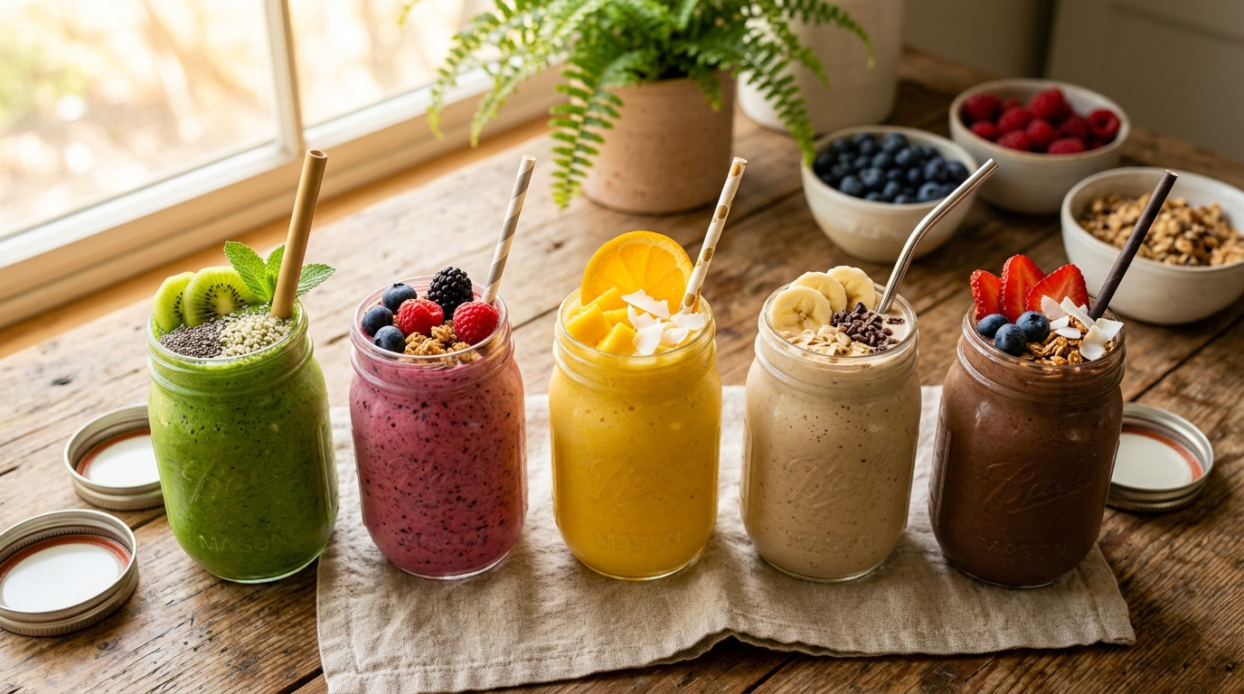 Overhead shot of five different breakfast smoothies in mason jars arranged on a wooden table