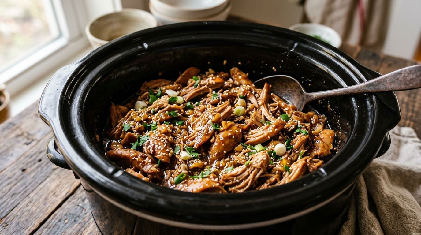 Shredded honey garlic chicken thighs in a black slow cooker with glossy
