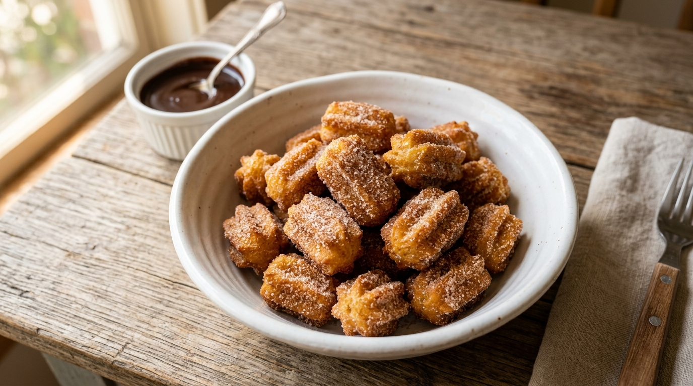 Overhead shot of golden brown churro bites piled in a white ceramic bowl,