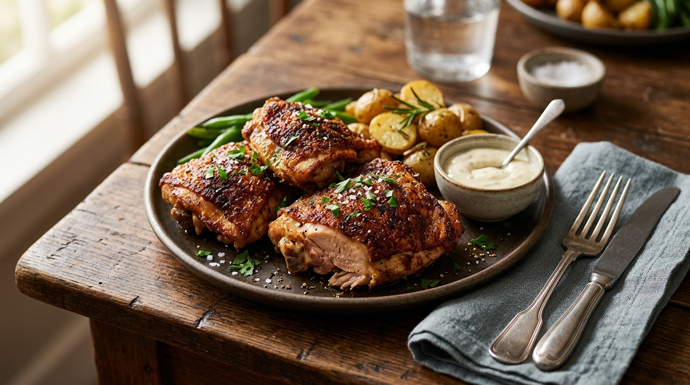 Air Fryer Chicken Thighs Crispy on the Outside Juicy on the Inside in 25 Minutes in a skillet on a rustic wooden table, natural daylight