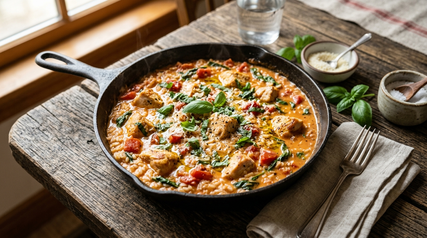 Creamy Tomato Basil Chicken Rice in a skillet on a rustic wooden table, natural daylight