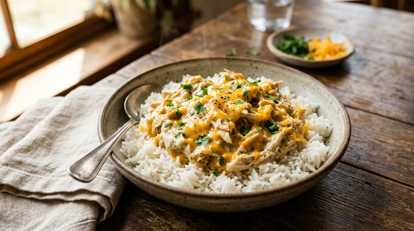 Creamy crockpot ranch chicken with cheddar cheese served over fluffy rice
