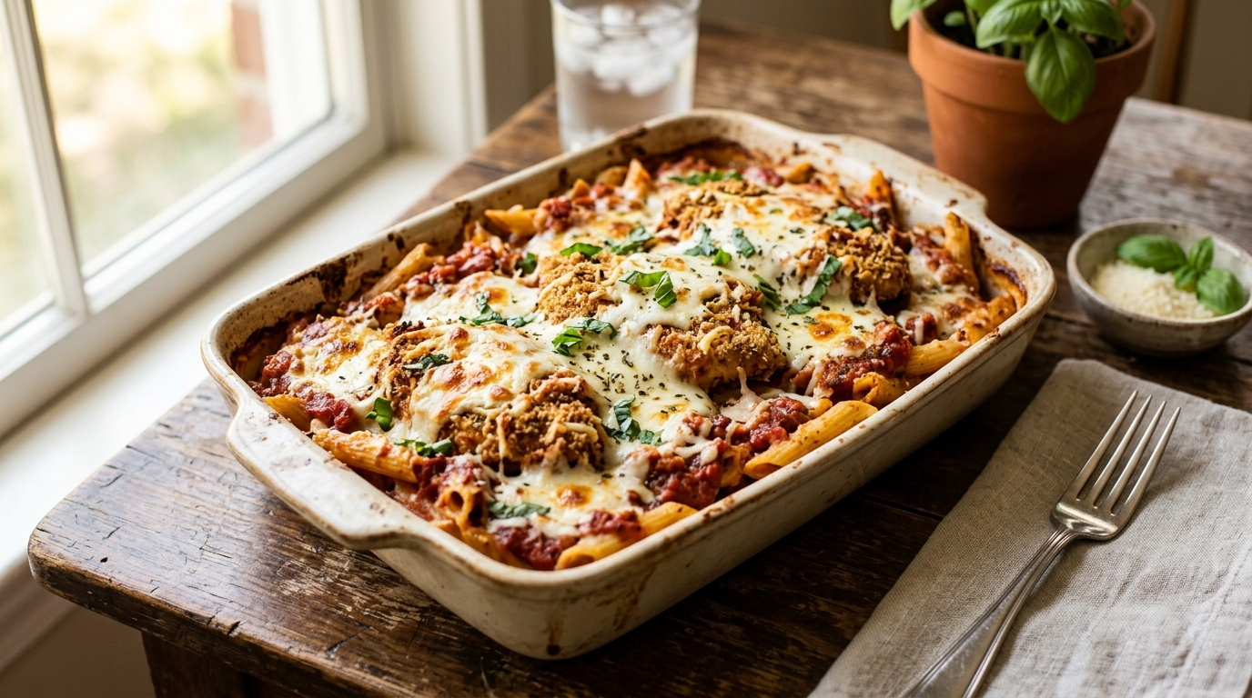 Easy Chicken Parmesan Casserole baked with pasta, marinara sauce, mozzarella