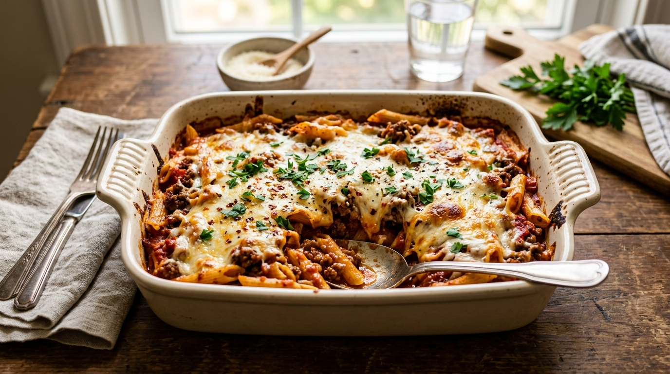 Easy Ground Beef Casserole baked with pasta, marinara sauce, seasoned ground