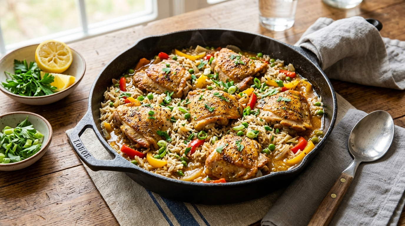 Easy One Pan Chicken and Rice Dinner for Busy Moms Ready in 30 Minutes in a skillet on a rustic wooden table, natural daylight