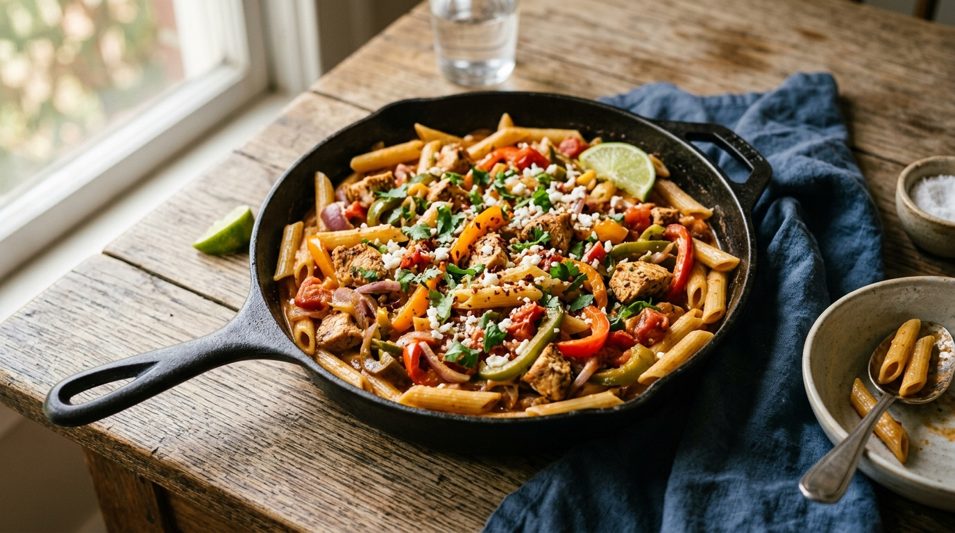 One Pan Chicken Fajita Pasta in a skillet on a rustic wooden table, natural daylight