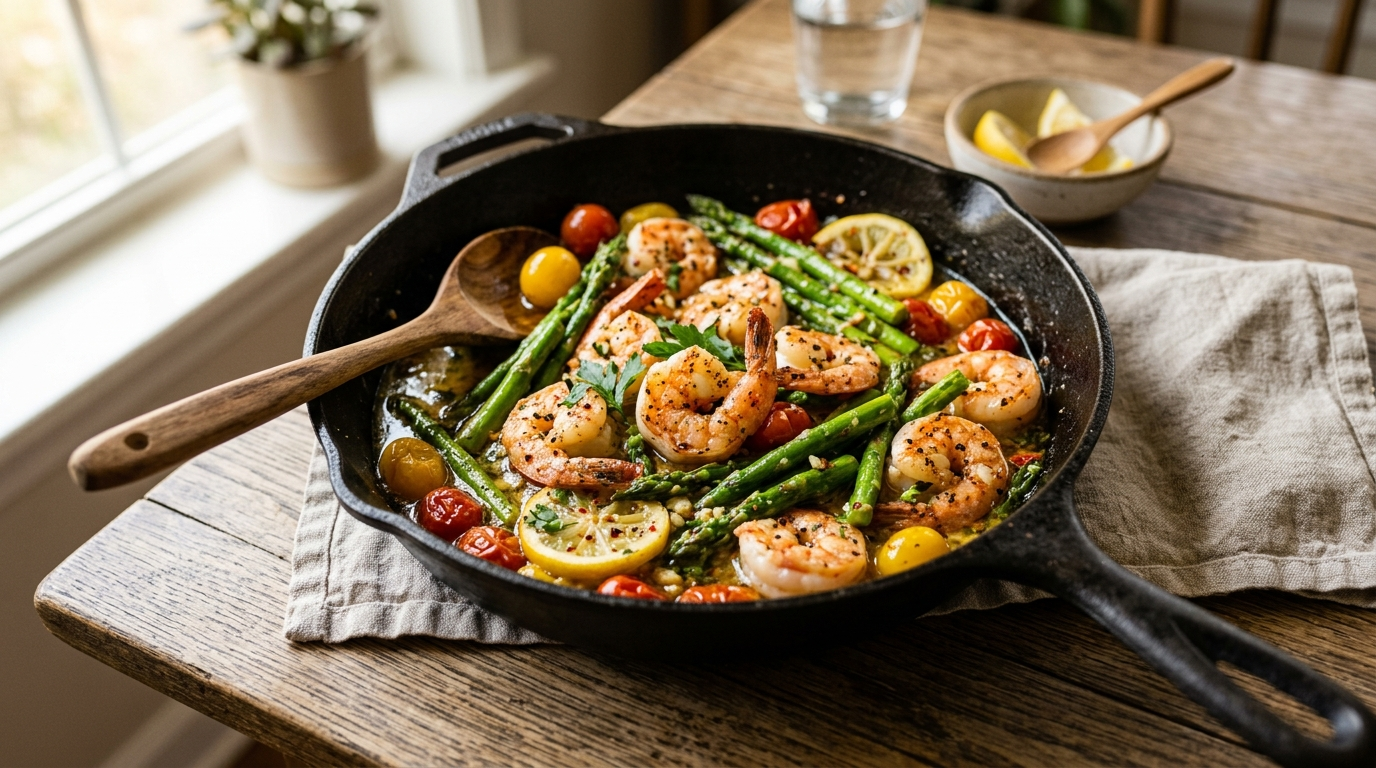One-Pan Lemon Garlic Butter Shrimp & Asparagus hero