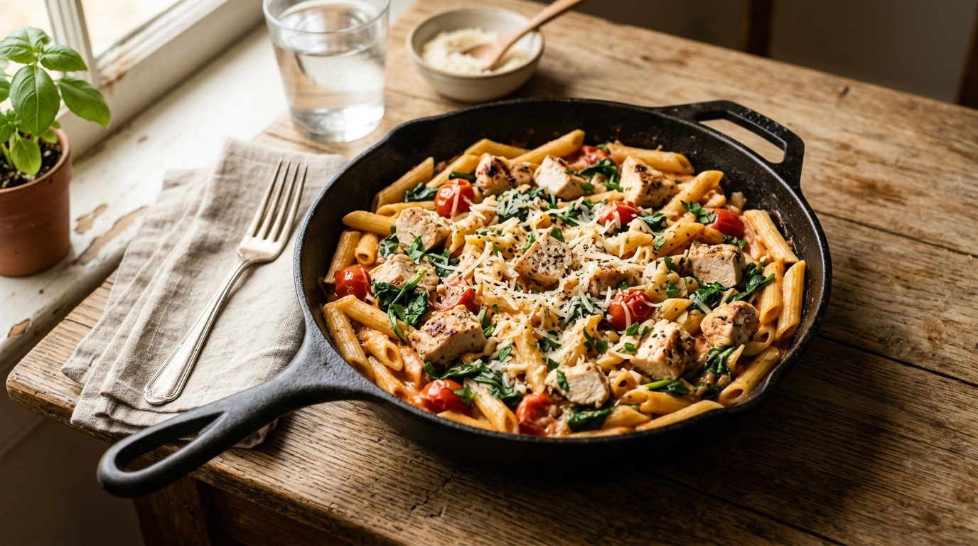 Post Easy Weeknight Chicken Pasta in a skillet on a rustic wooden table, natural daylight