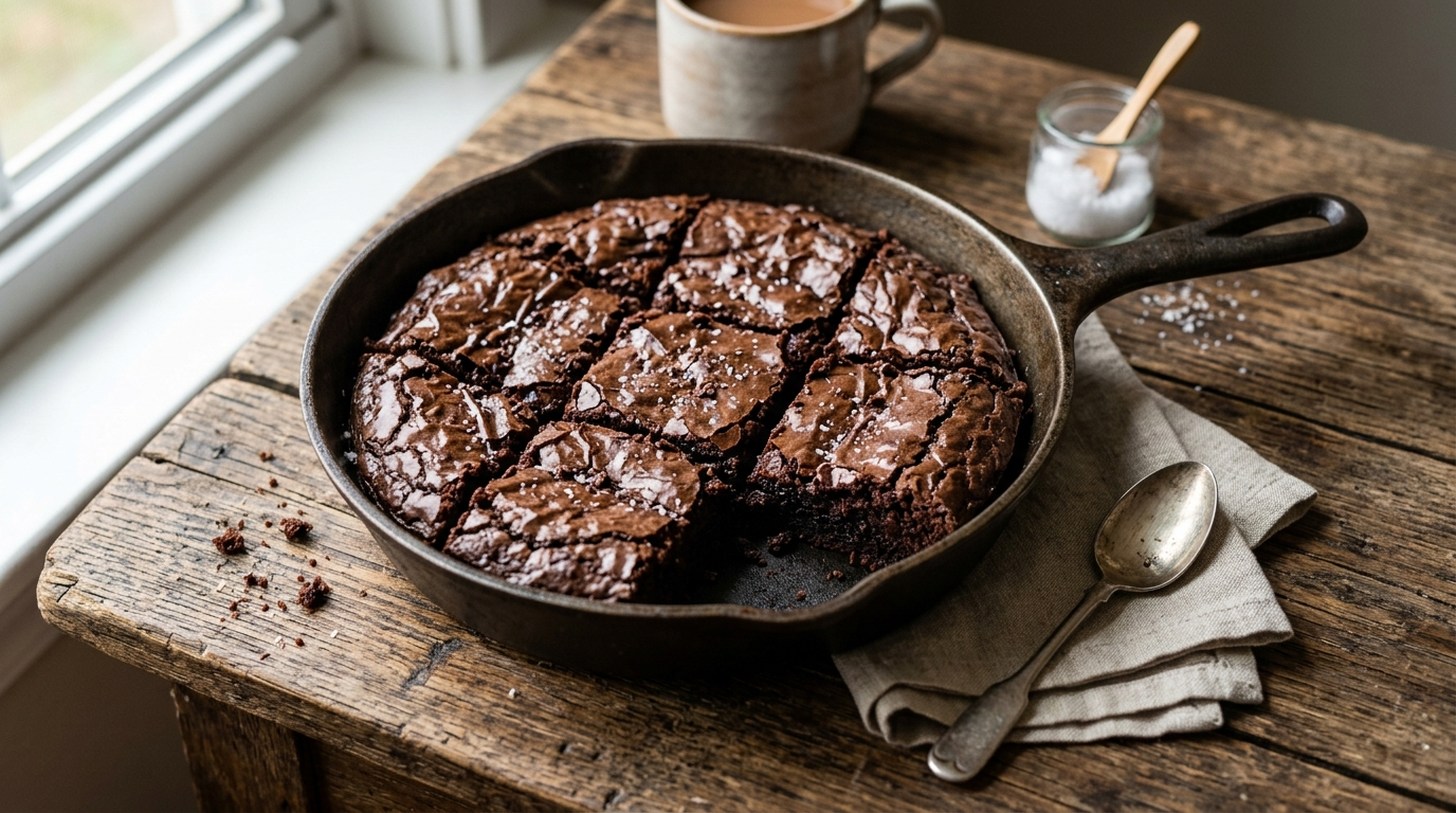 Post One Bowl Fudgy Brownies in a skillet on a rustic wooden table, natural daylight