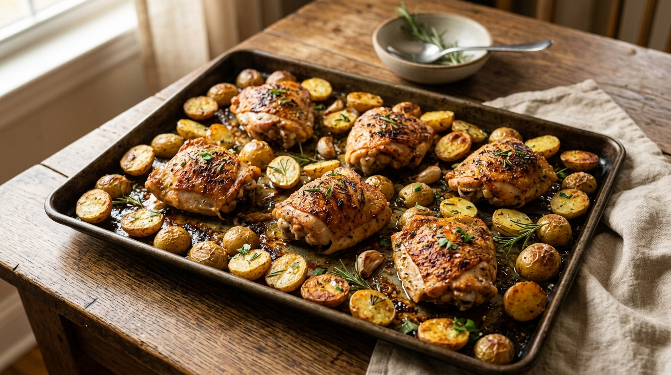 Sheet pan of golden crispy bone-in chicken thighs roasted with baby potatoes, fresh green beans, garlic, and charred lemon slices on parchment paper.