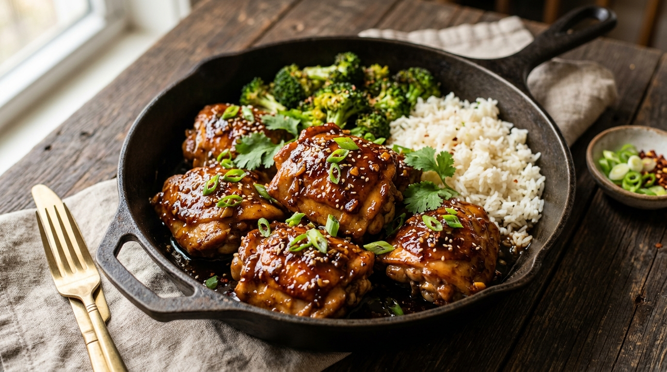 Slow Cooker Honey Garlic Chicken Thighs 5 Minutes of Prep Dinner Done in a skillet on a rustic wooden table, natural daylight