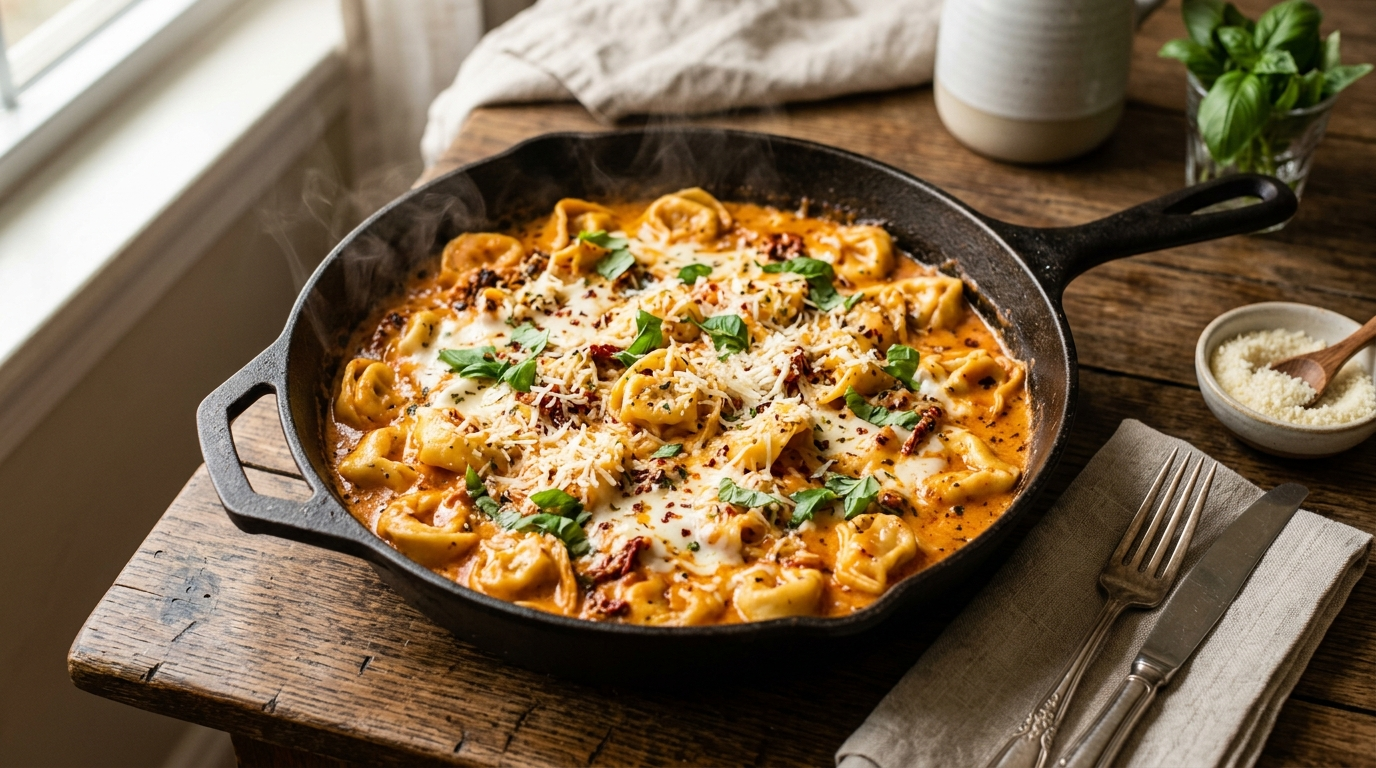 Creamy sun dried tomato cheese tortellini skillet with chicken and spinach — easy one-pan weeknight dinner