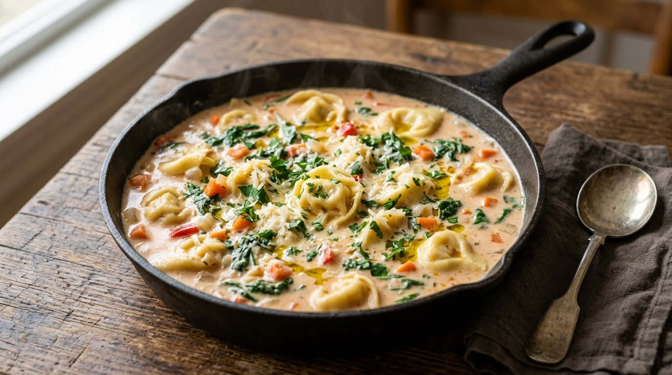 the 15 Minute Dump Go Creamy Tortellini Soup in a skillet on a rustic wooden table, natural daylight