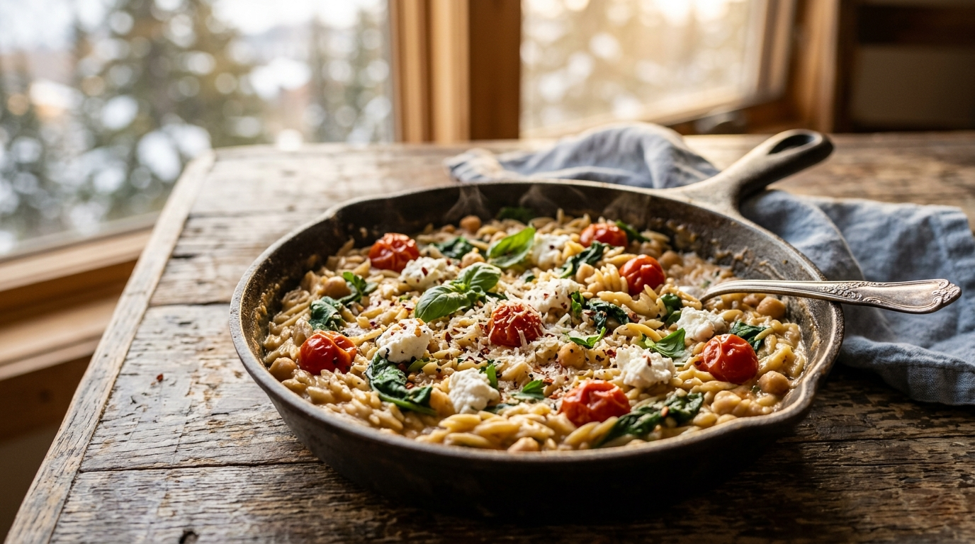 the 15 Minute Emergency One Pan Orzo a Sanctuary for the Overstimulated in a skillet on a rustic wooden table, natural daylight