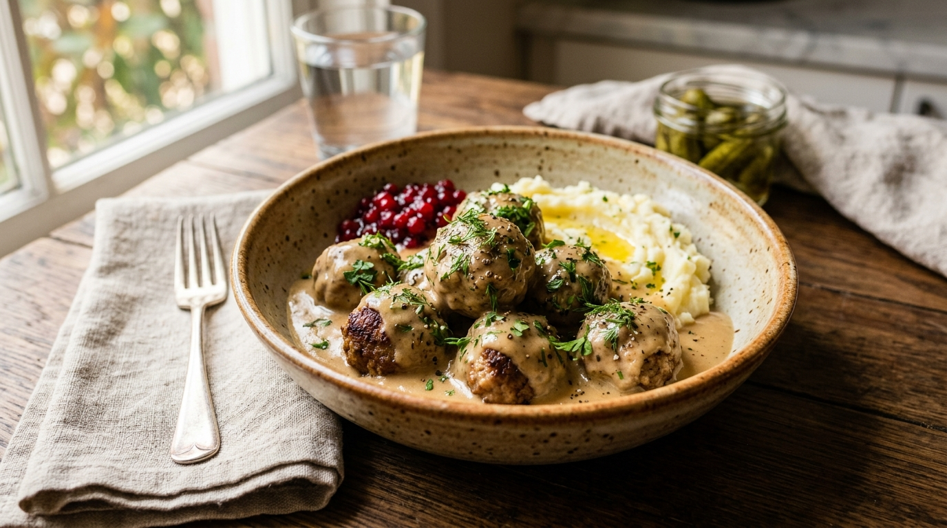 the 15 Minute Emergency Swedish Meatballs a High Protein Sanctuary for the Overstimulated in a skillet on a rustic wooden table, natural daylight