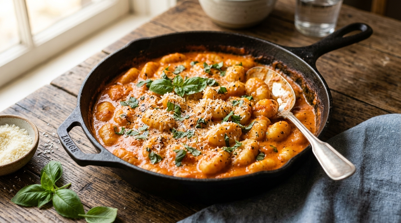 15-minute one-pan creamy tomato gnocchi with shelf-stable potato gnocchi,