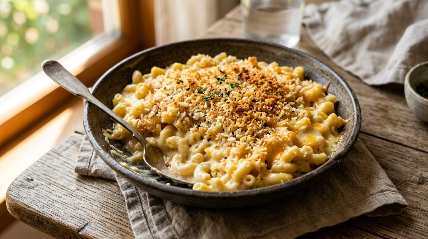 15-minute one-pot creamy mac and cheese with golden breadcrumb topping,