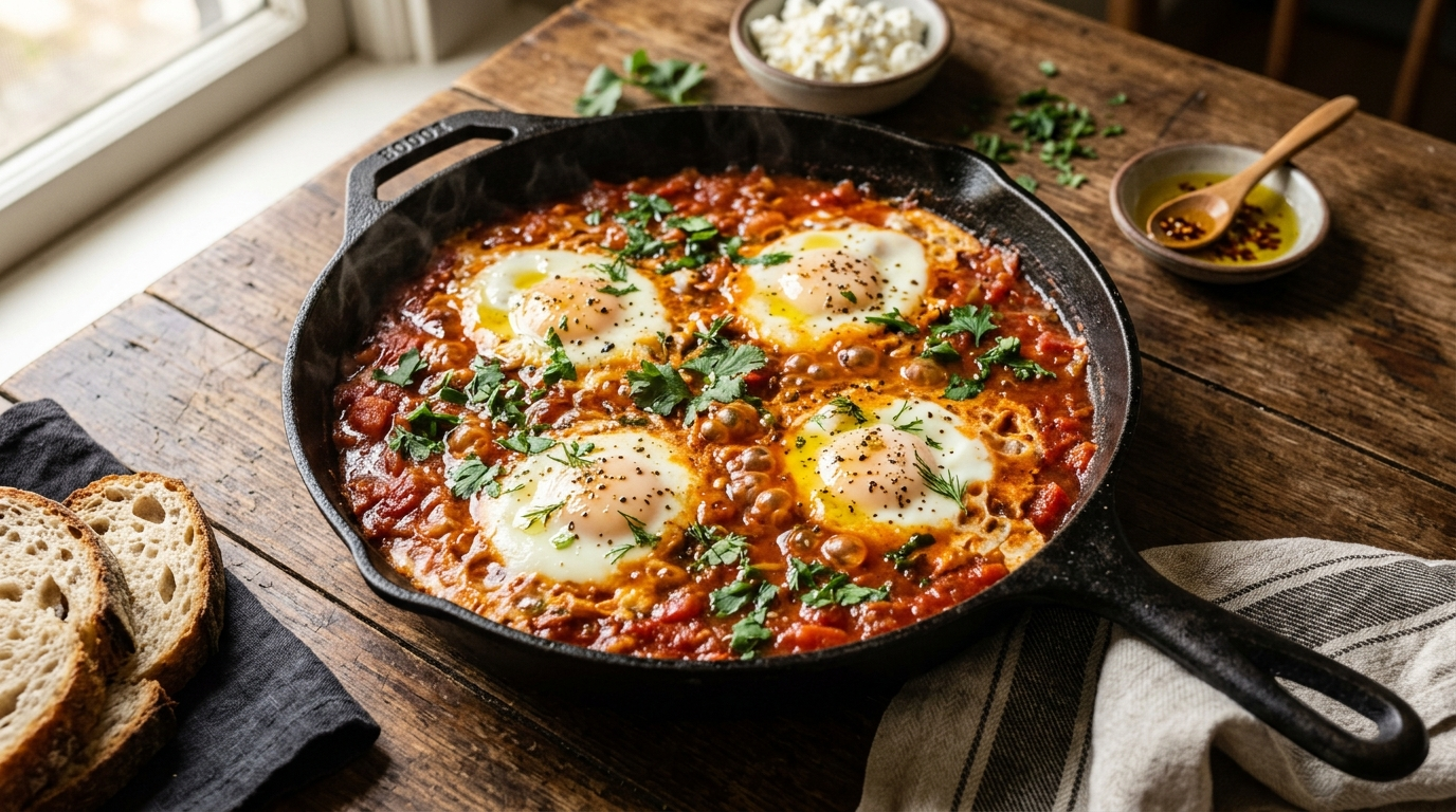 Close-up overhead shot of a black cast-iron skillet filled with bubbling