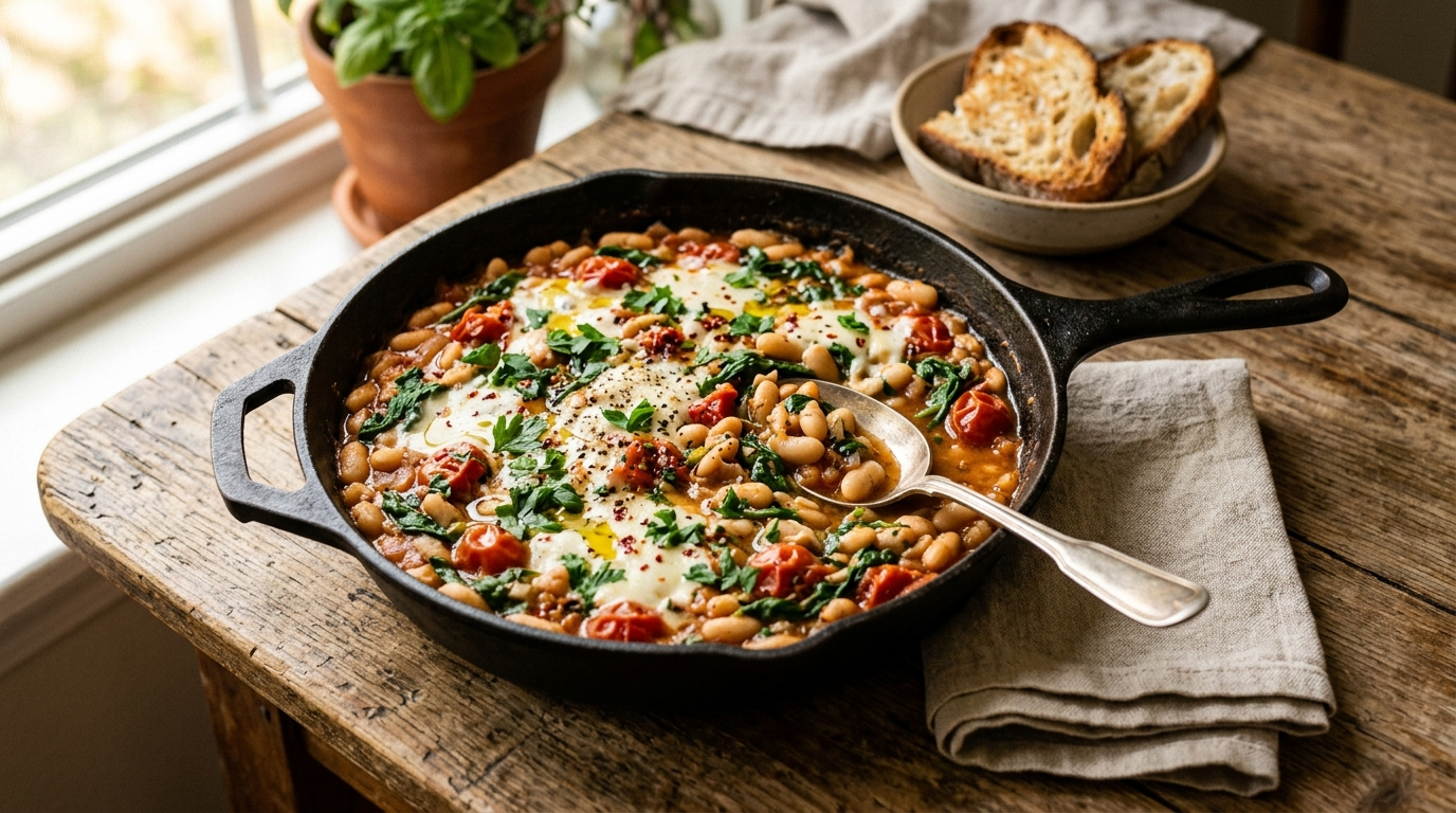 the 15 Minute Skillet Sanctuary Why Cannellini Beans Are the Ultimate Soft Power Reset in a skillet on a rustic wooden table, natural daylight
