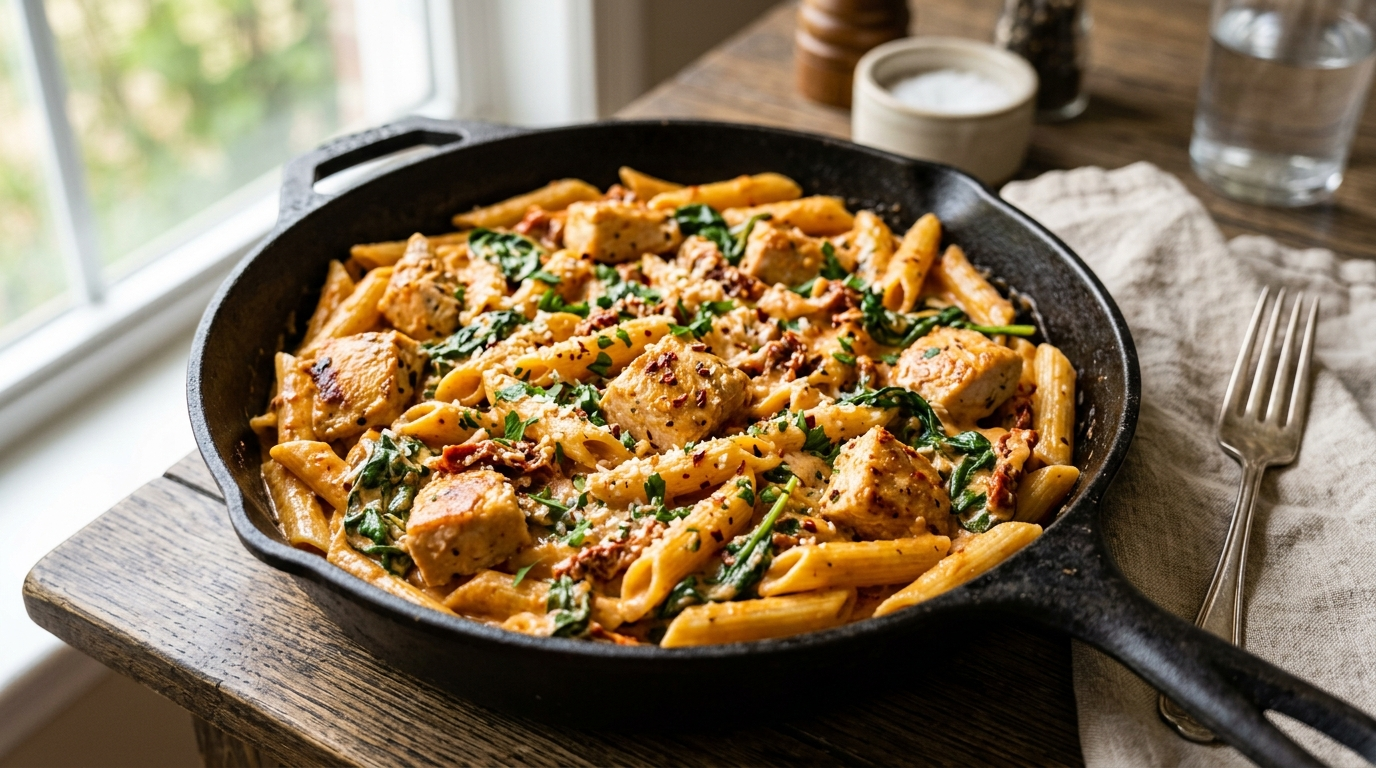 20-minute one-pan creamy sun-dried tomato chicken pasta with wilted baby