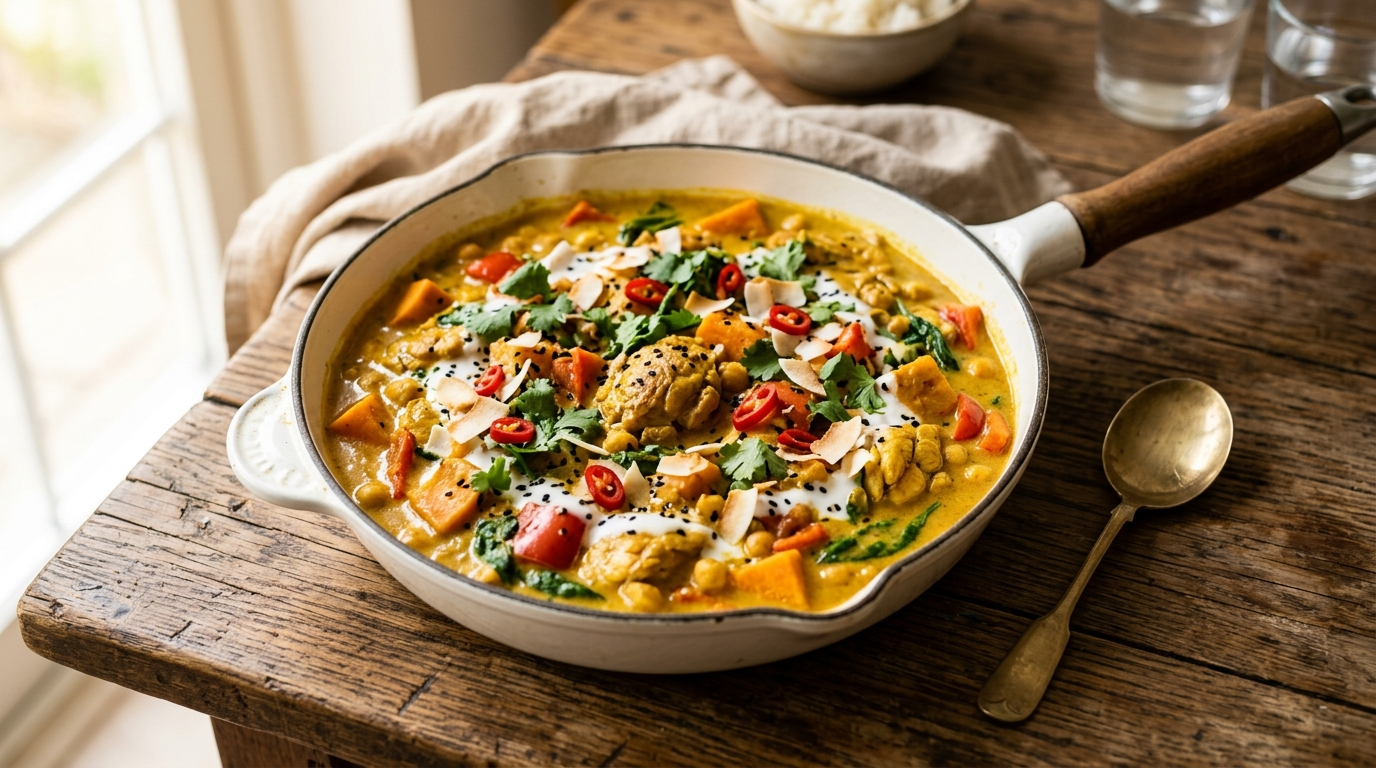 A single white skillet on a wooden table, filled with golden coconut curry