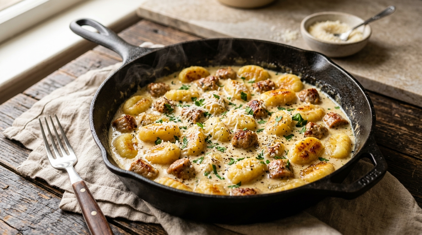 Creamy garlic butter turkey sausage gnocchi skillet with spinach and parmesan — easy one-pan weeknight dinner